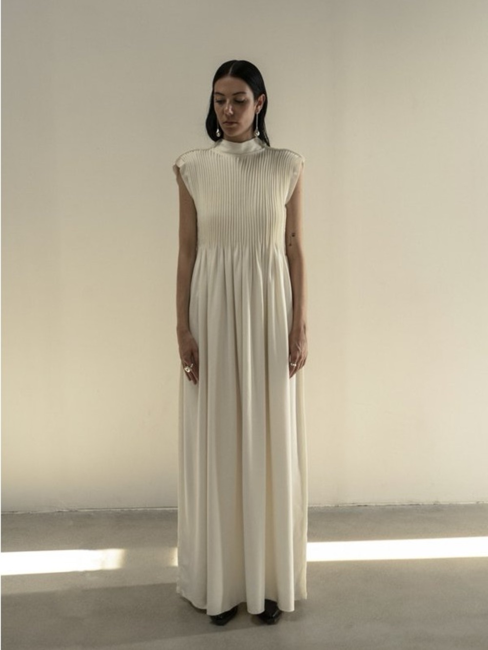 Sleeveless Cream Maxi Dress with High Pleated Bodice